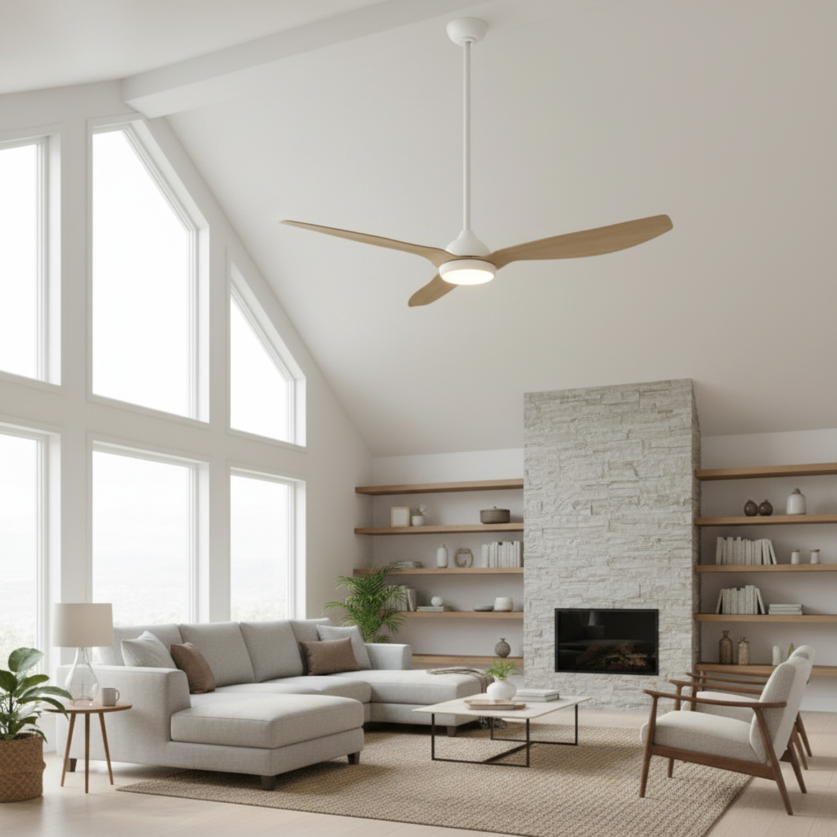 Ceiling Fan with extension rod on high pitched roof. White with oak blades