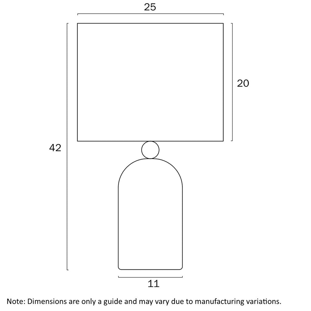 Livia table lamp dimensions diagram - 420mm height, 250mm width, 110mm base diameter