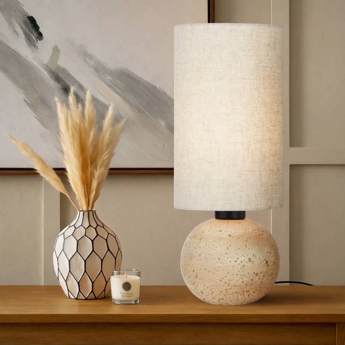 Amador Travertine Look Table Lamp with Fabric Shade