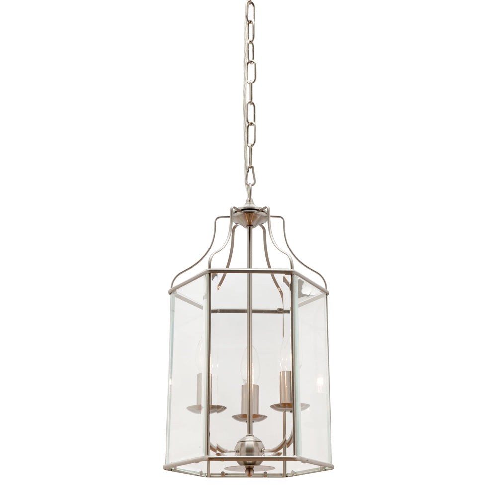 Arcadia 3 Light Satin Chrome & Clear Bevelled Glass Pendant Light