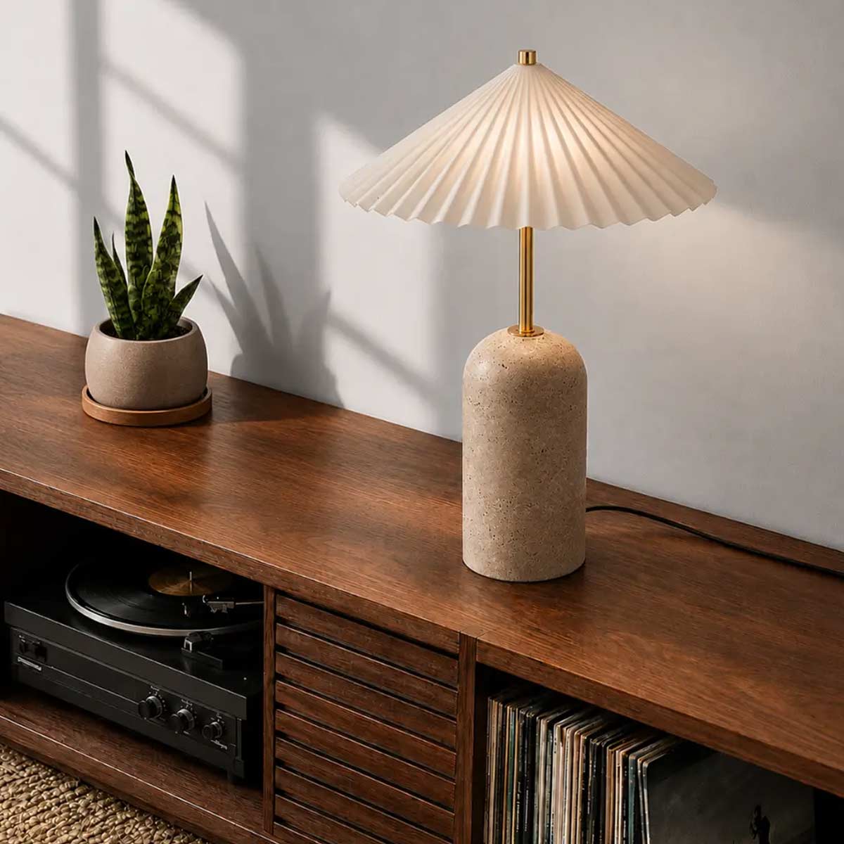 Arvane Table Lamp with Travertine Base and LED Light