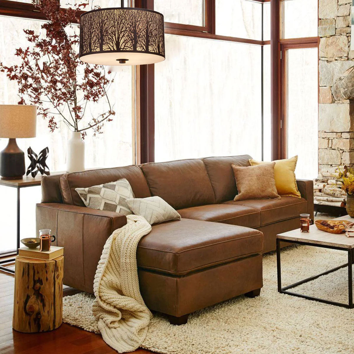 Autumn Rustic Ornate Tree Single Interior 60W Pendant - Large - Aged Bronze / Amber