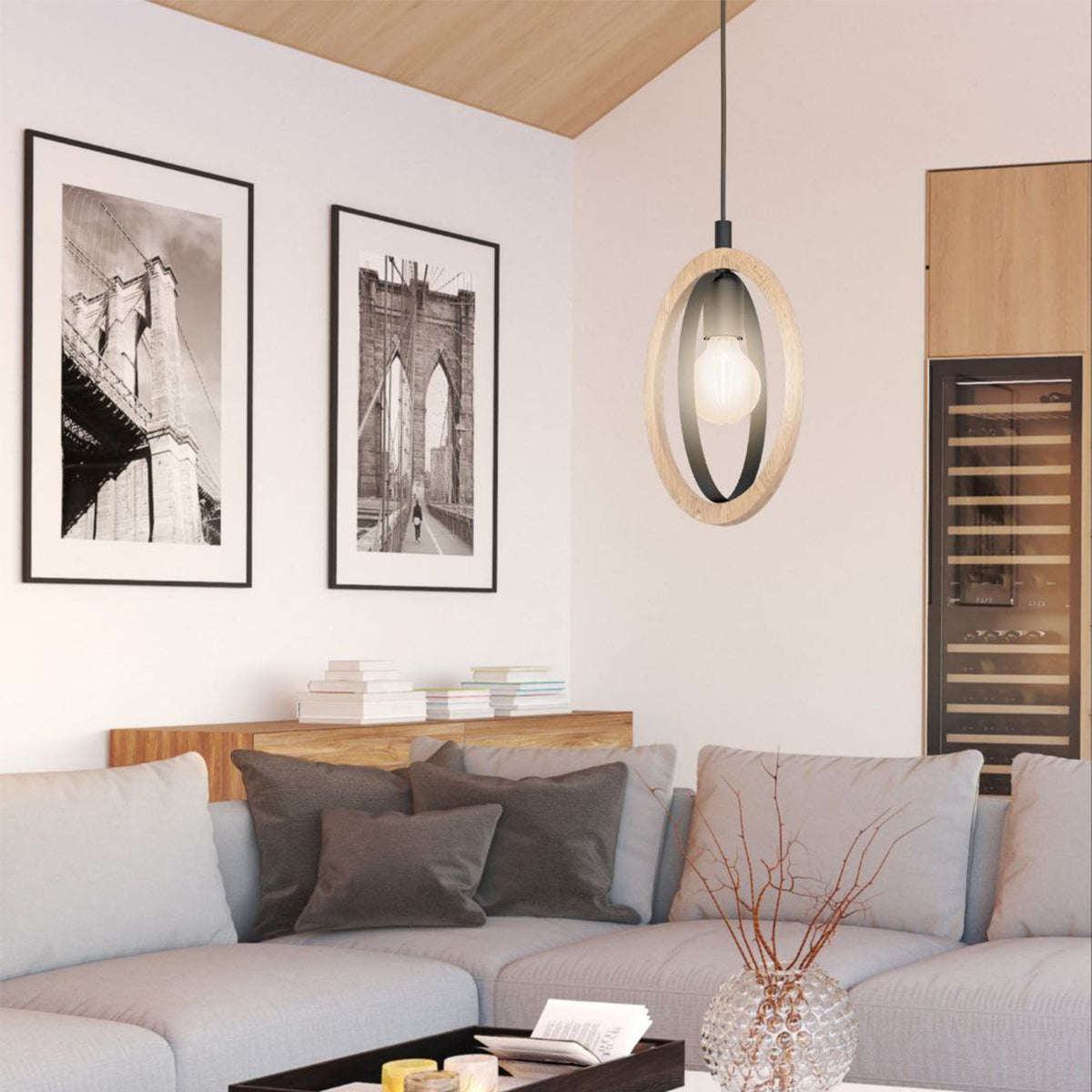 Basildon 1 Light Single Circle Pendant Light with Timber Rings