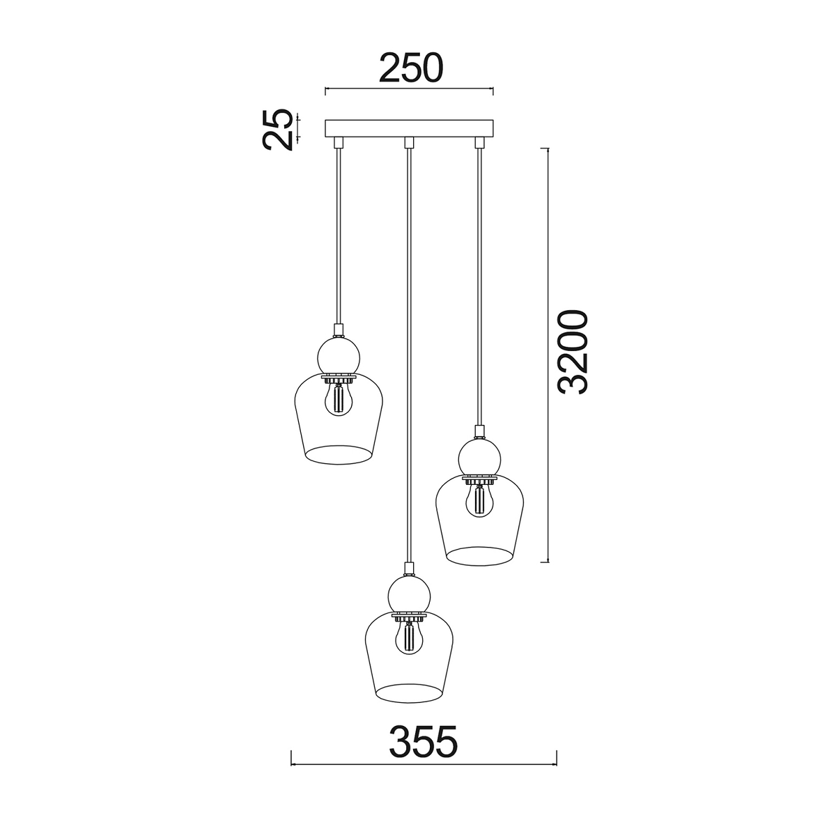 Champan Glass Ellipse 3 Light Pendant - Bronze / Amber