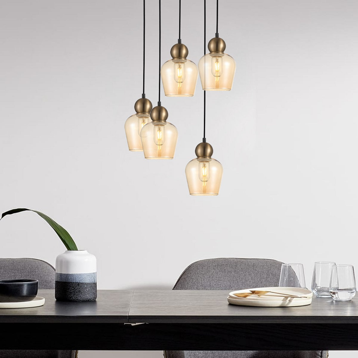 Champan Glass Ellipse 3 Light Pendant - Bronze / Amber