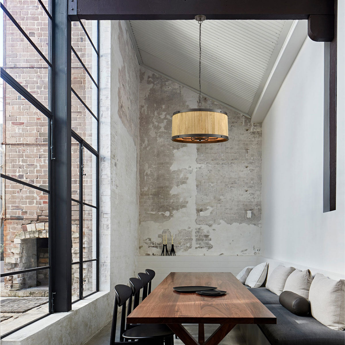 Barrique 6 Light Interior Drum Wooden Pendant Light