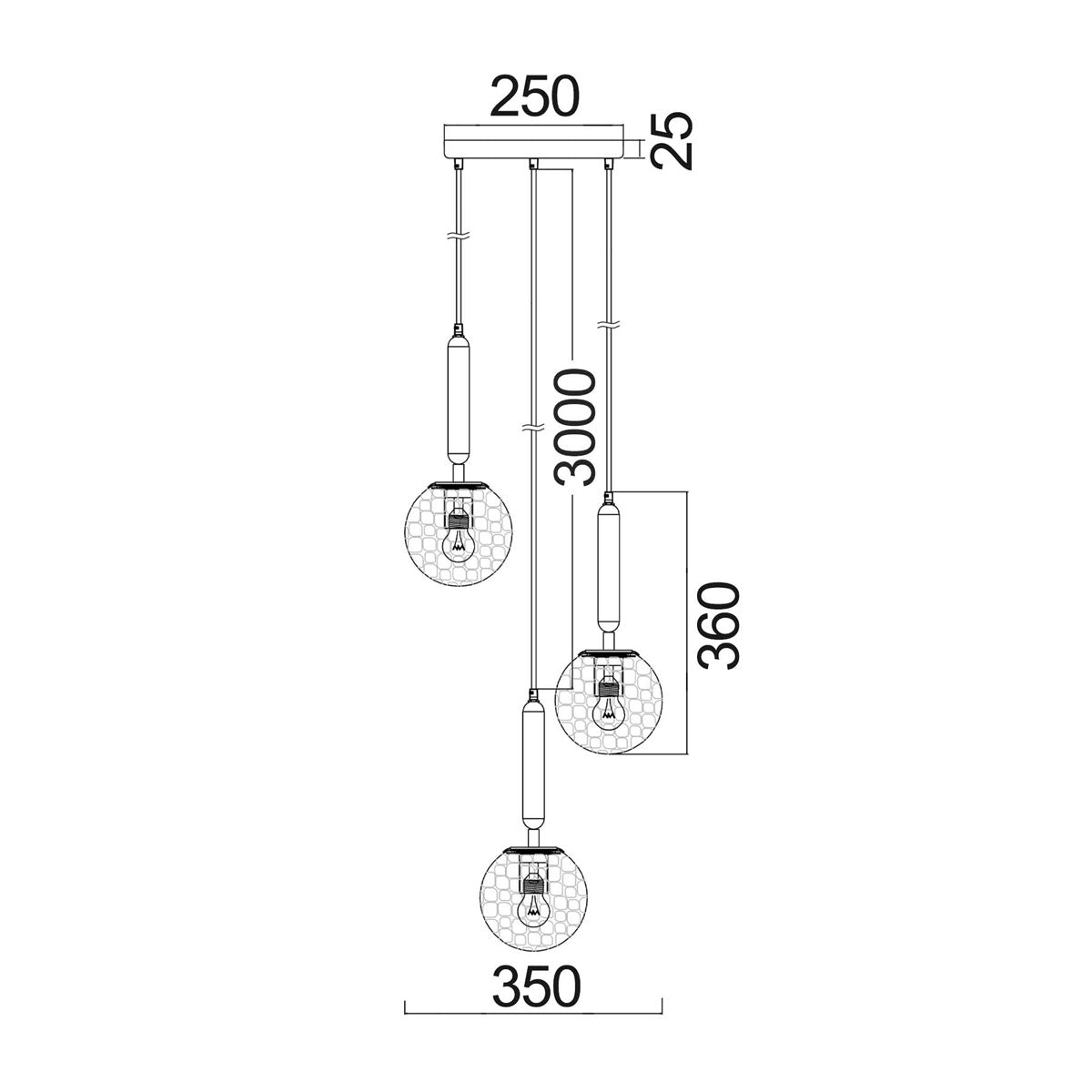 Trattino 3 Light Interior Spherical Crater Glass Shape Cluster Pendant Light