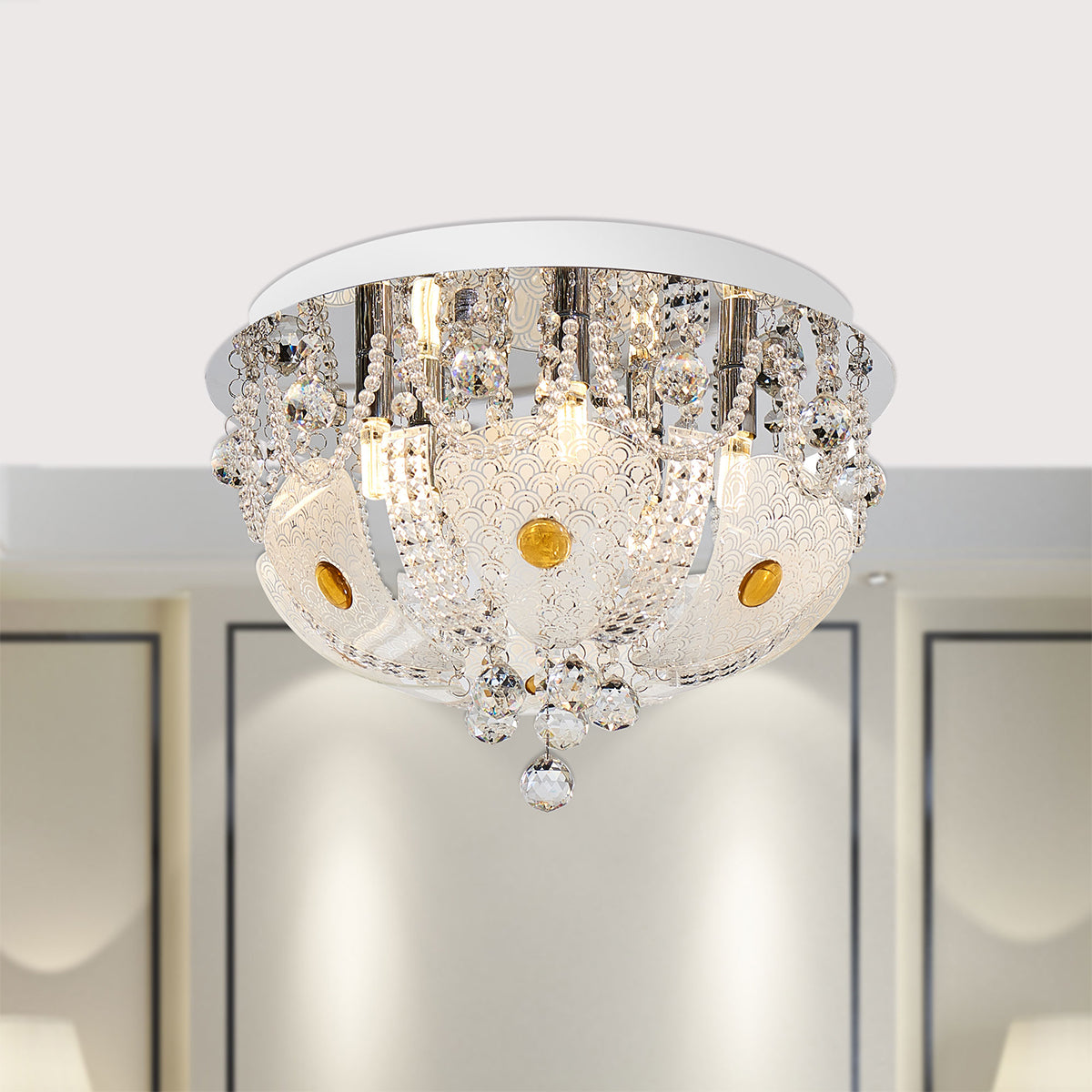 Elanza Small Crystal Glass Ceiling Light with Frosted Leaves