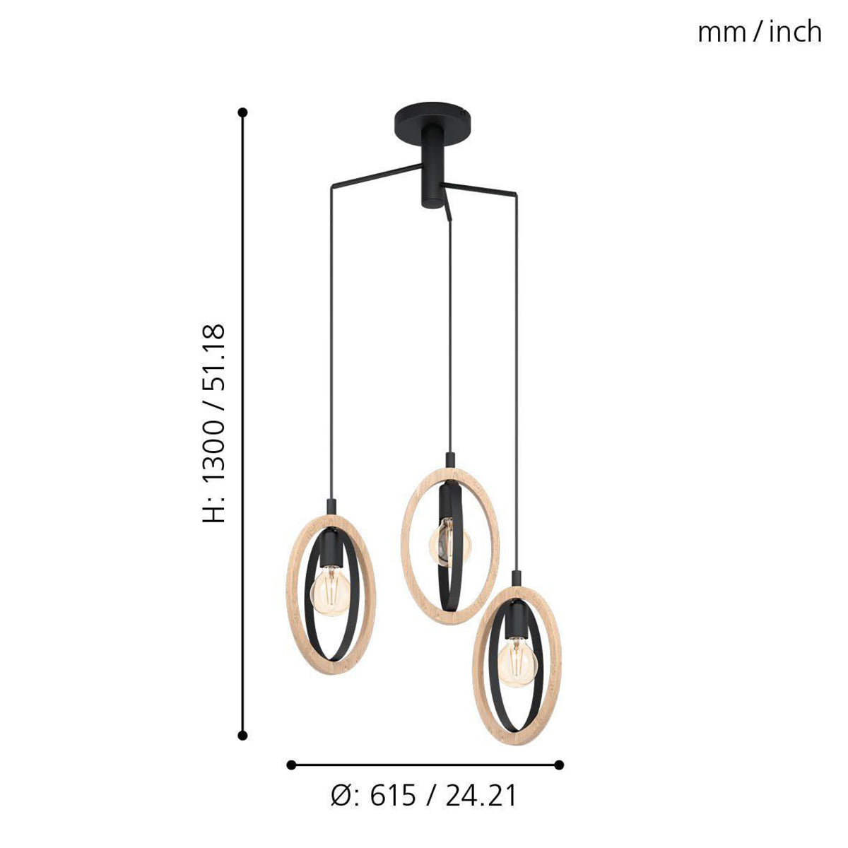 Elgo Lighting Basildon Modern Metal Timber 3 Cluster Pendant Light - Black / Natural