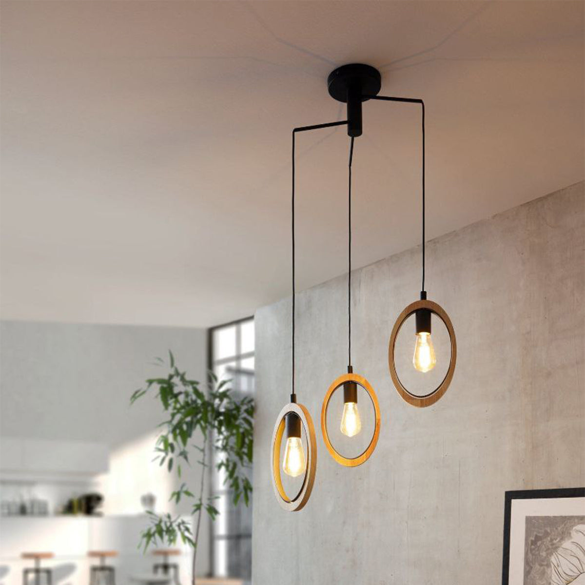 Elgo Lighting Basildon Modern Metal Timber 3 Cluster Pendant Light - Black / Natural