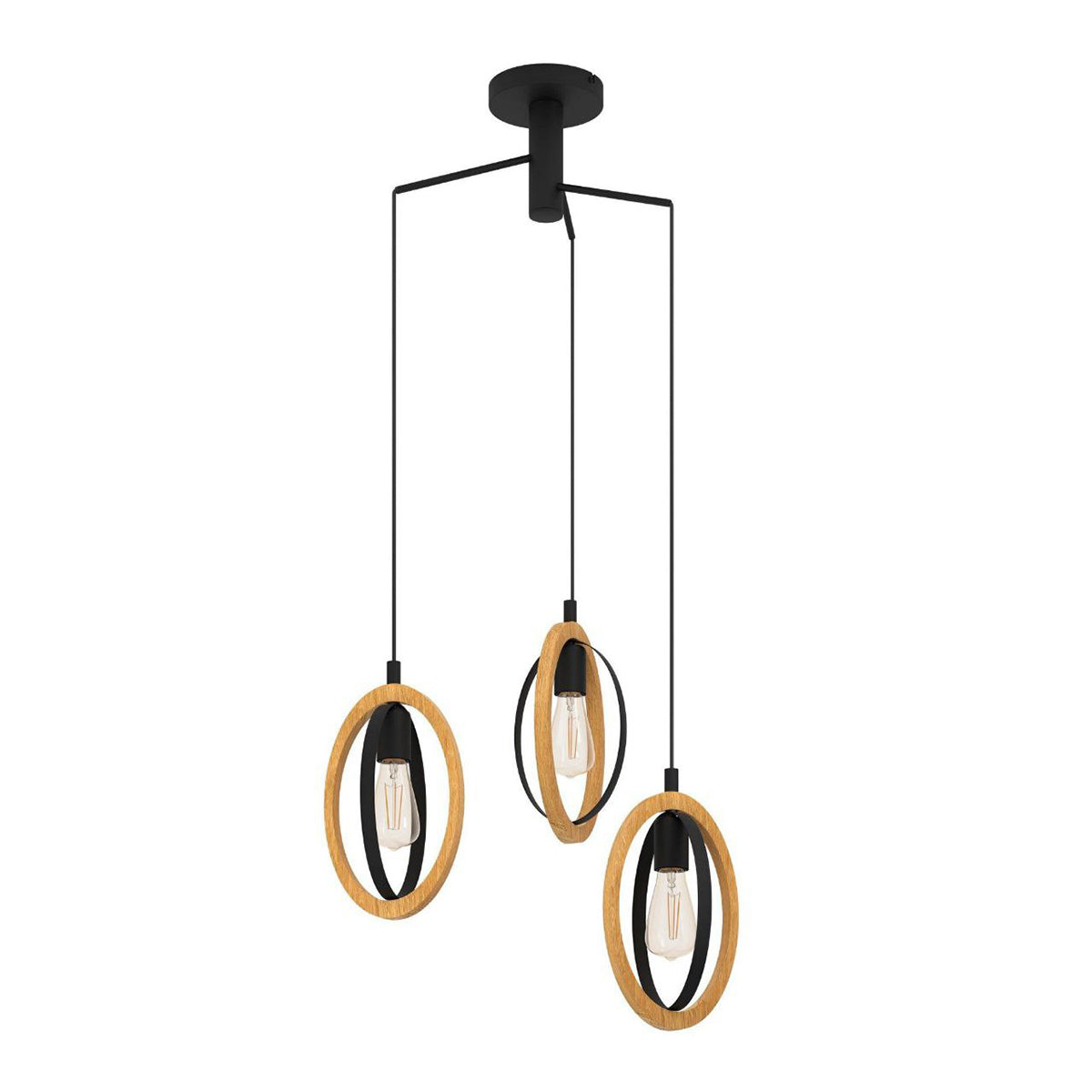 Elgo Lighting Basildon Modern Metal Timber 3 Cluster Pendant Light - Black / Natural