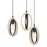 Elgo Lighting Basildon Modern Metal Timber 3 Cluster Pendant Light - Black / Natural