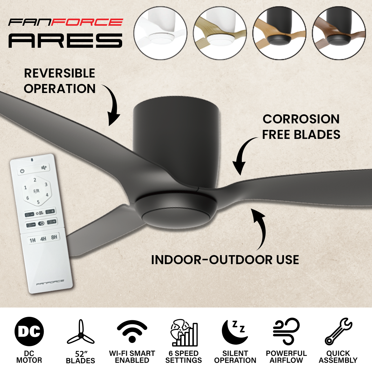 Ares 52" Low Profile Smart DC Ceiling Fan with Remote