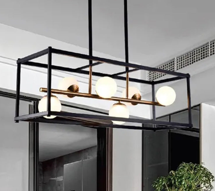 Franco Modern Metal Caged Linear Bar Light Pendant Light - Black & Gold / Opal