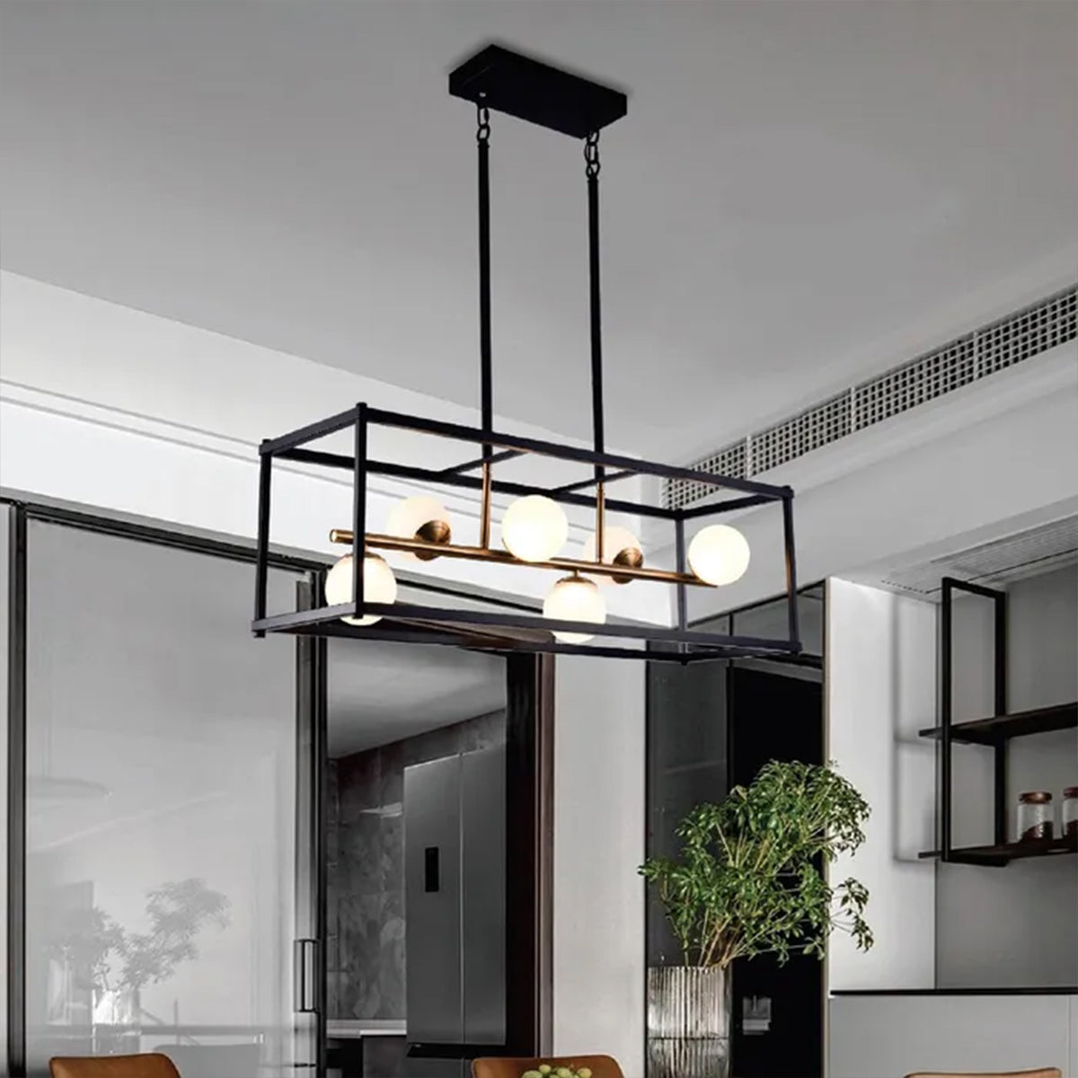 Franco Modern Metal Caged Linear Bar Light Pendant Light - Black & Gold / Opal