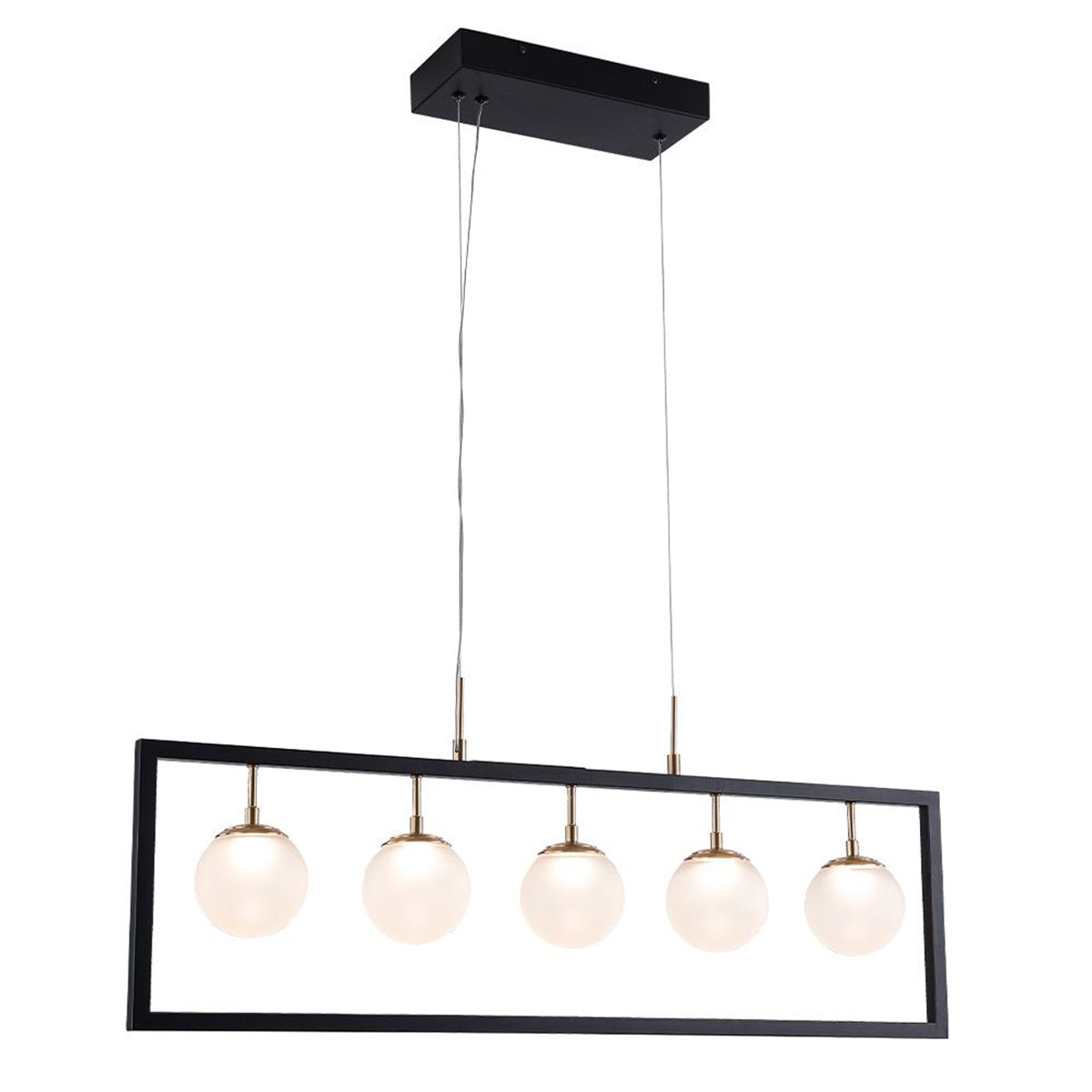 Franco Modern Metal Rectangular Linear Bar 5 Light Pendant Light - Black & Gold / Opal