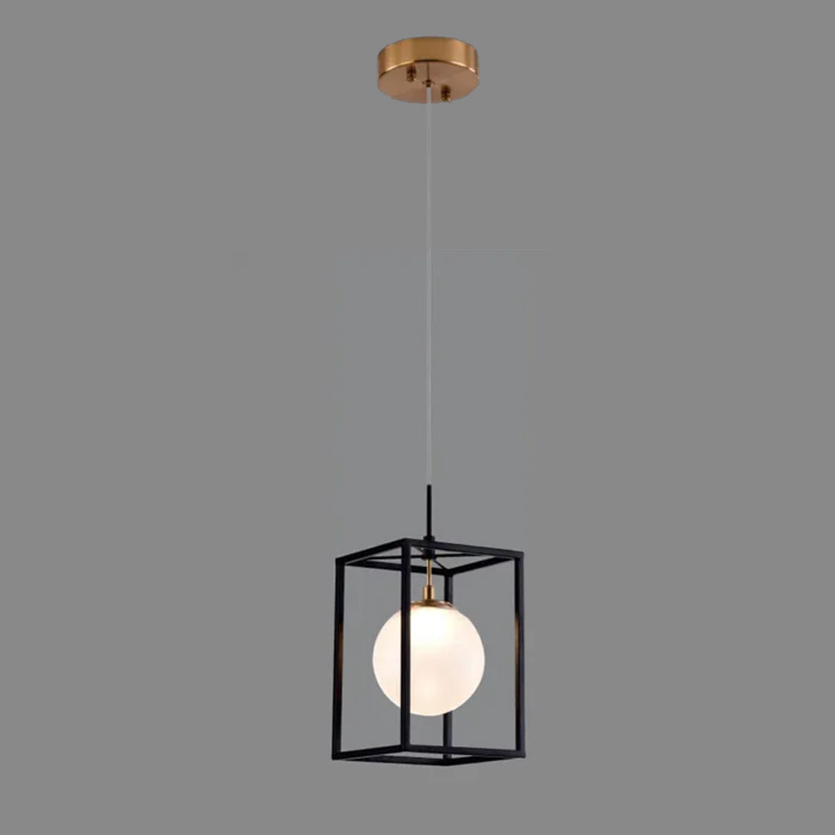 Franco Modern Metal Square Caged 1 Light Pendant Light - Black & Gold / Opal