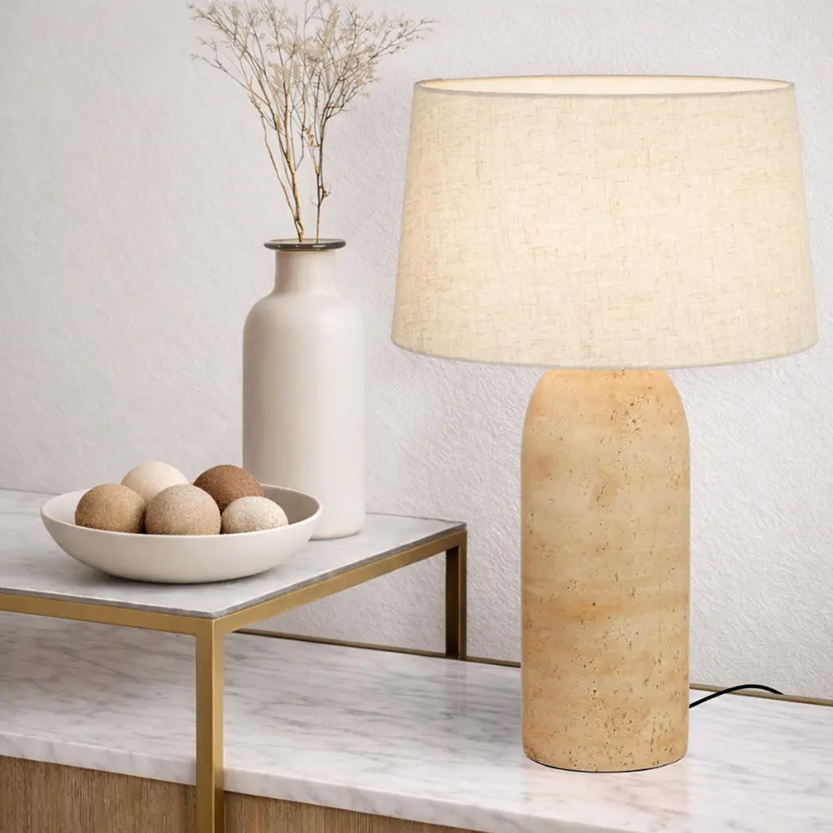 Fulvia Travertine Look Table Lamp with Fabric Shade