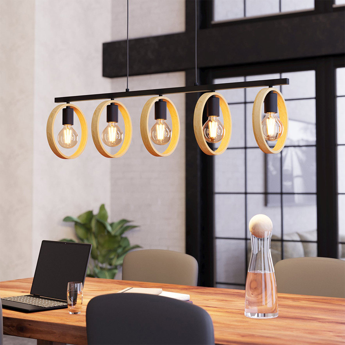 Ipsden 5 Light Circle Pendant with Timber Accents