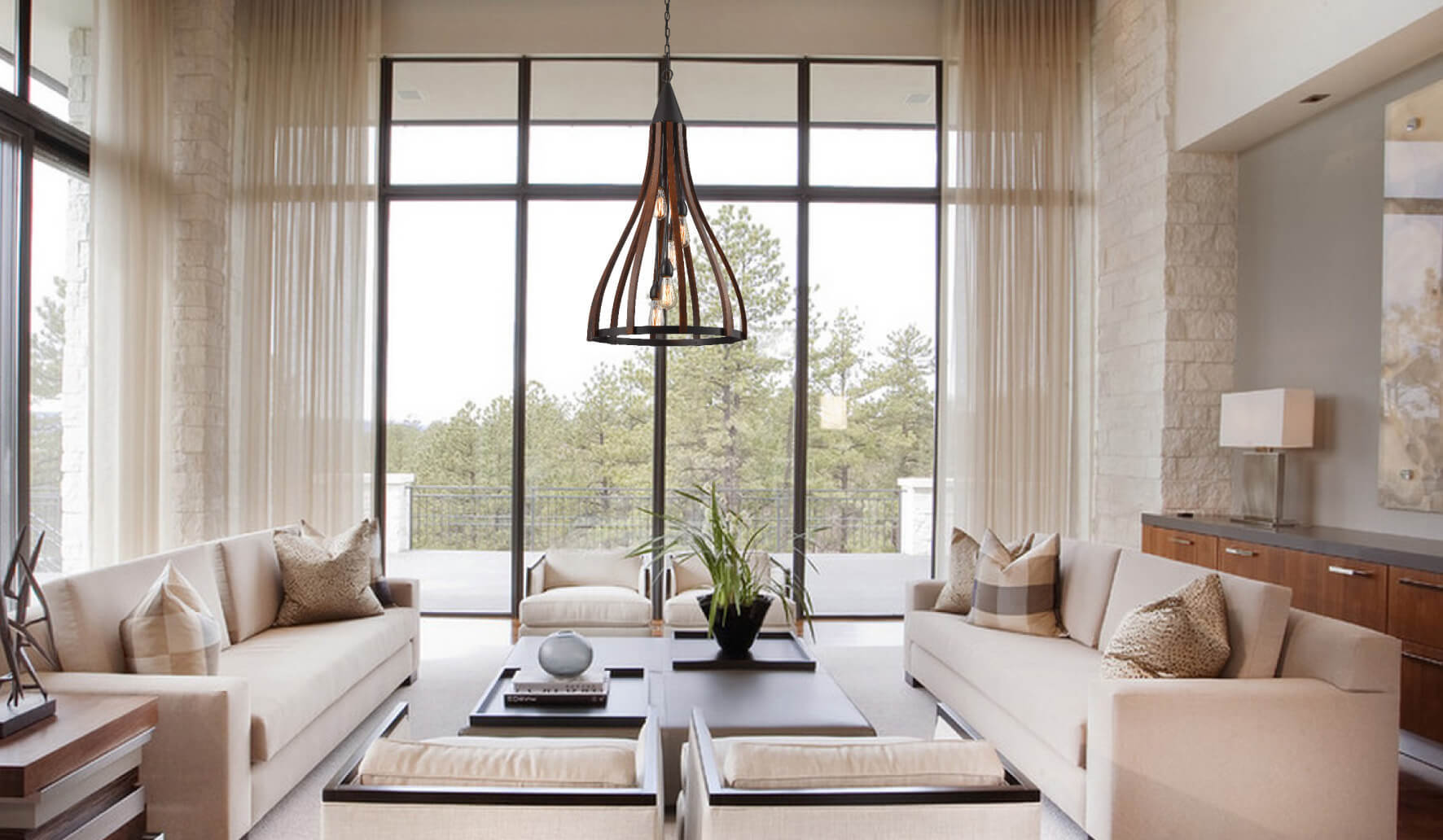 Khaleesi 3 Oak Dark Red Wood Pendant Light