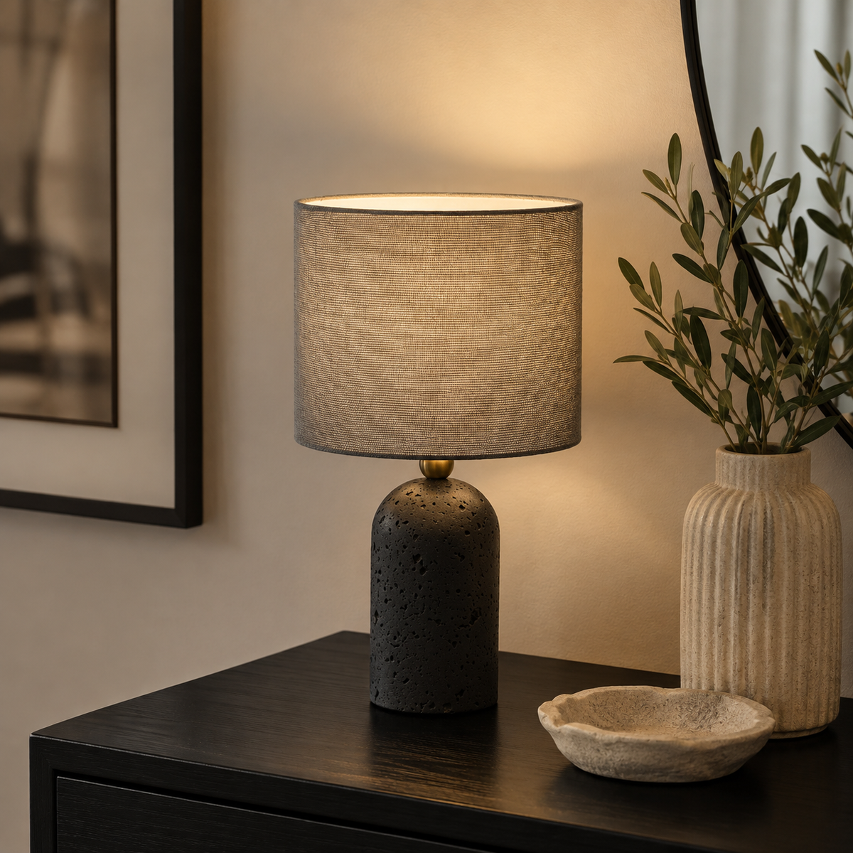 Livia travertine stone table lamp in Black with fabric drum shade