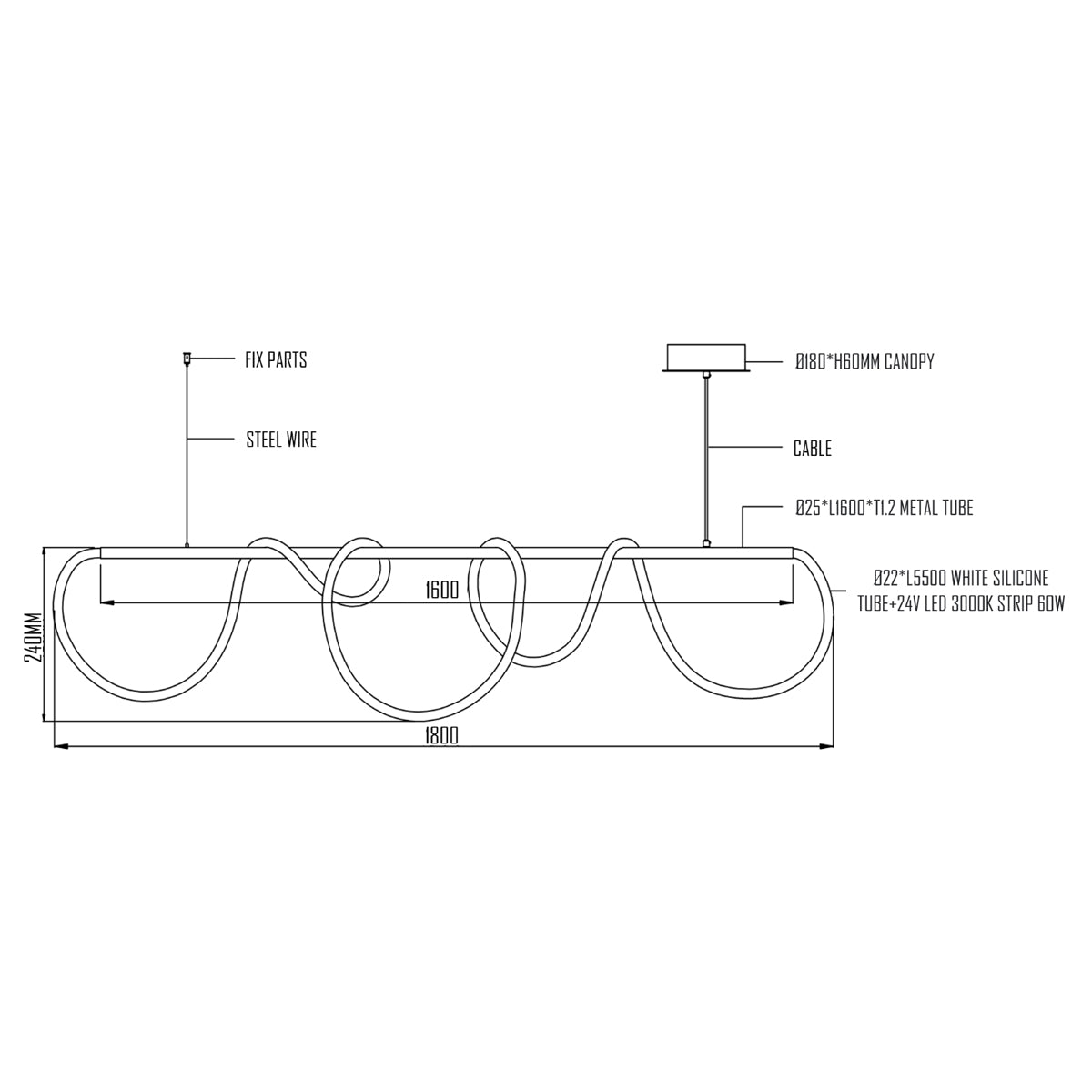 Squiggle Flexible LED Tube 1800mm Metal Pendant Light