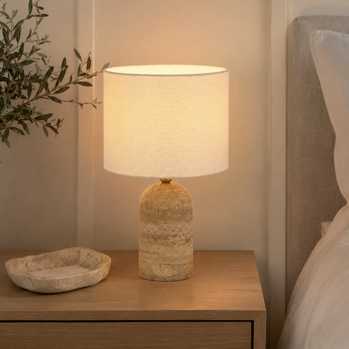 Livia travertine stone table lamp in Beige with fabric drum shade