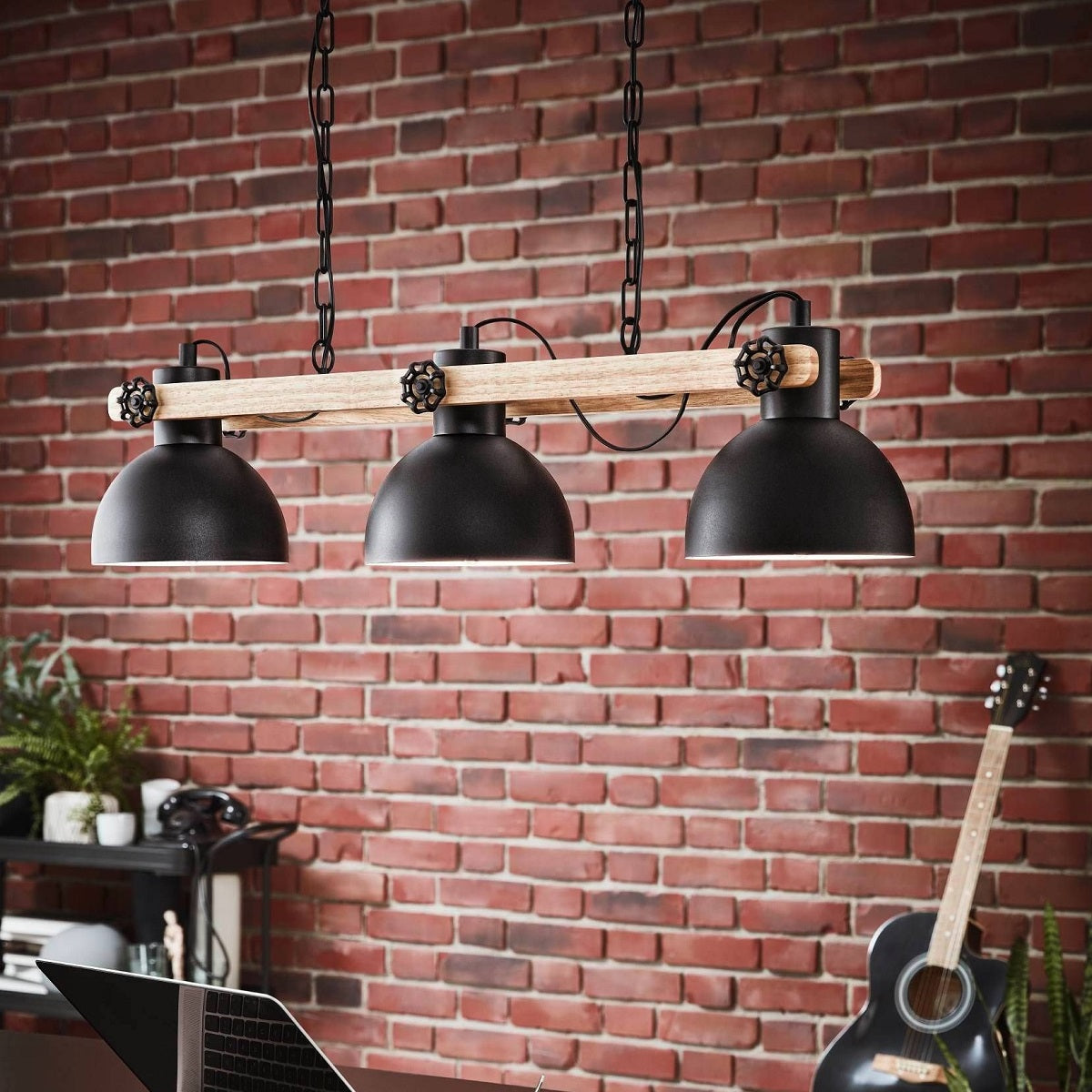 Lubenham 3 Light Industrial Pendant with Timber Accents