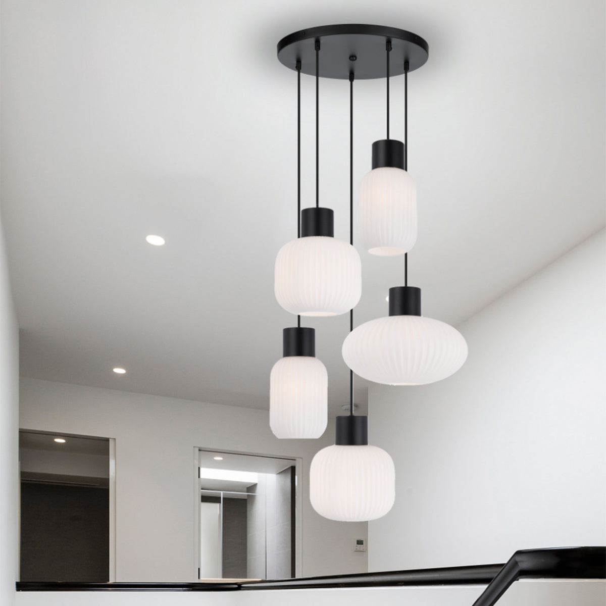 Nori 5LT Pendant Light with Ribbed Glass Shades