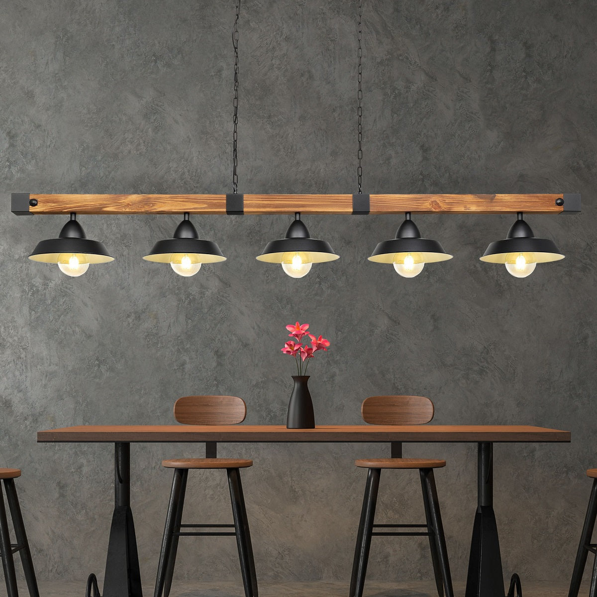 Oldbury 5 Light Rustic Timber Frame Pendant with Matt Black Shades