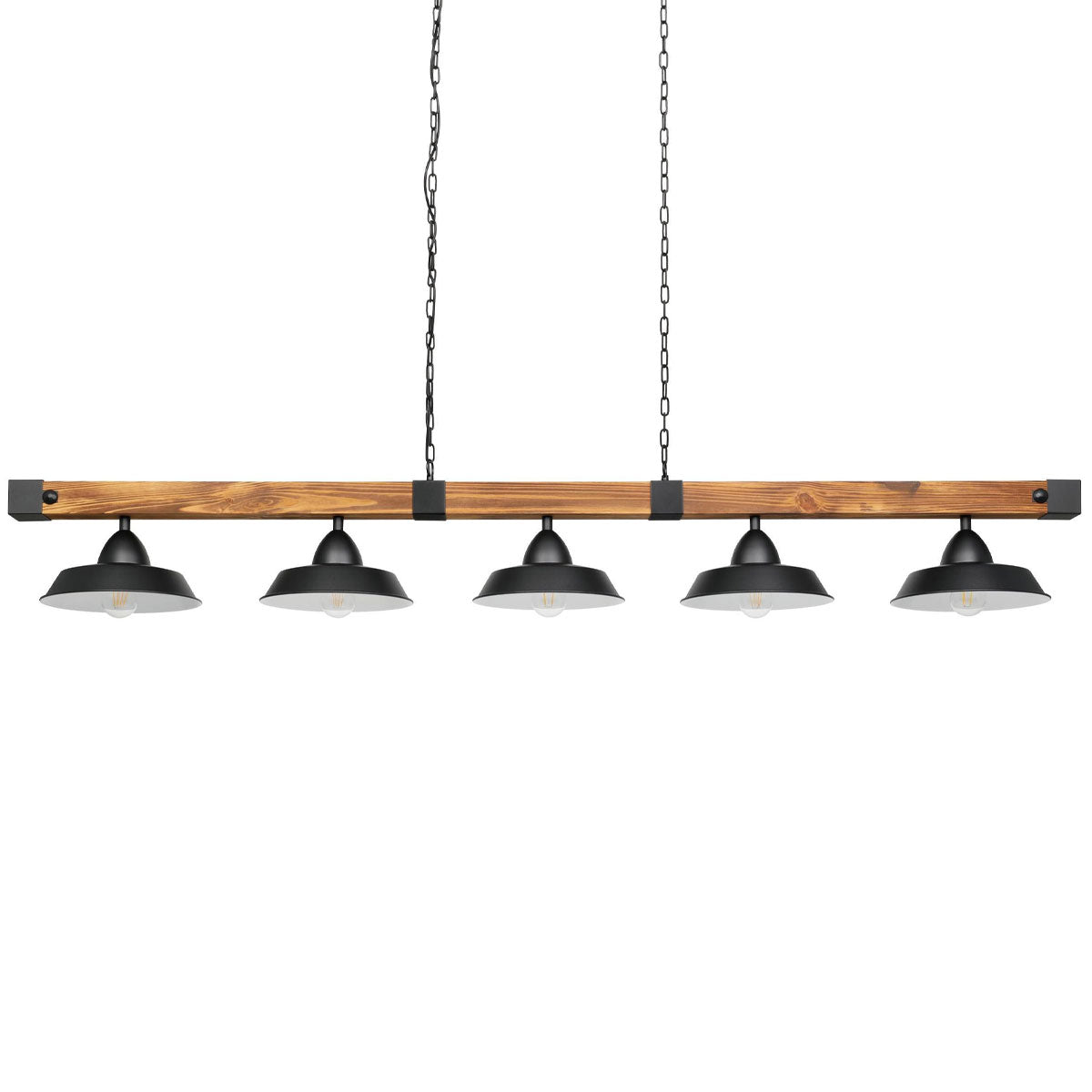 Oldbury 5 Light Rustic Timber Frame Pendant with Matt Black Shades