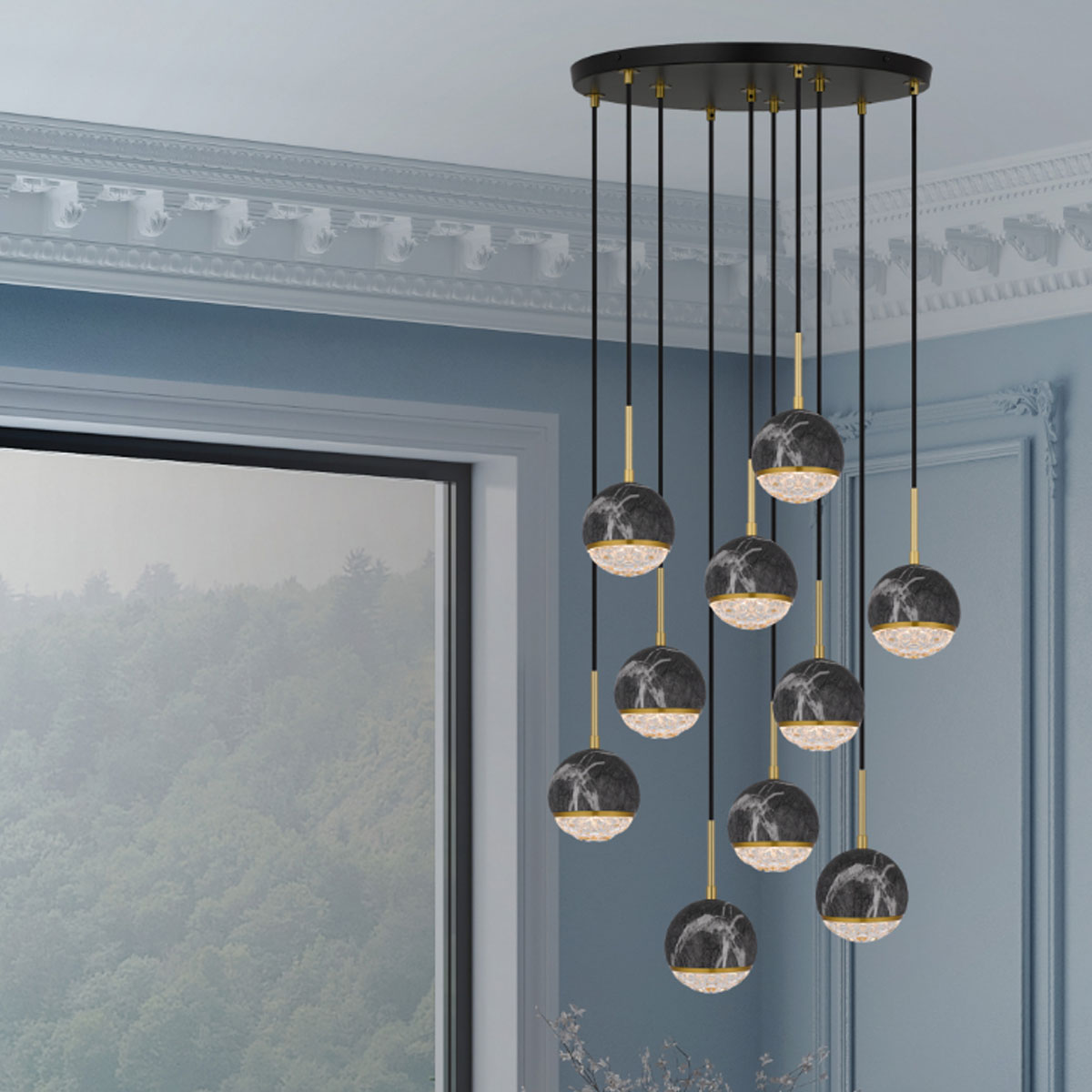 Oneta 10-Light Cluster Pendant Light with Marble Glass Shades