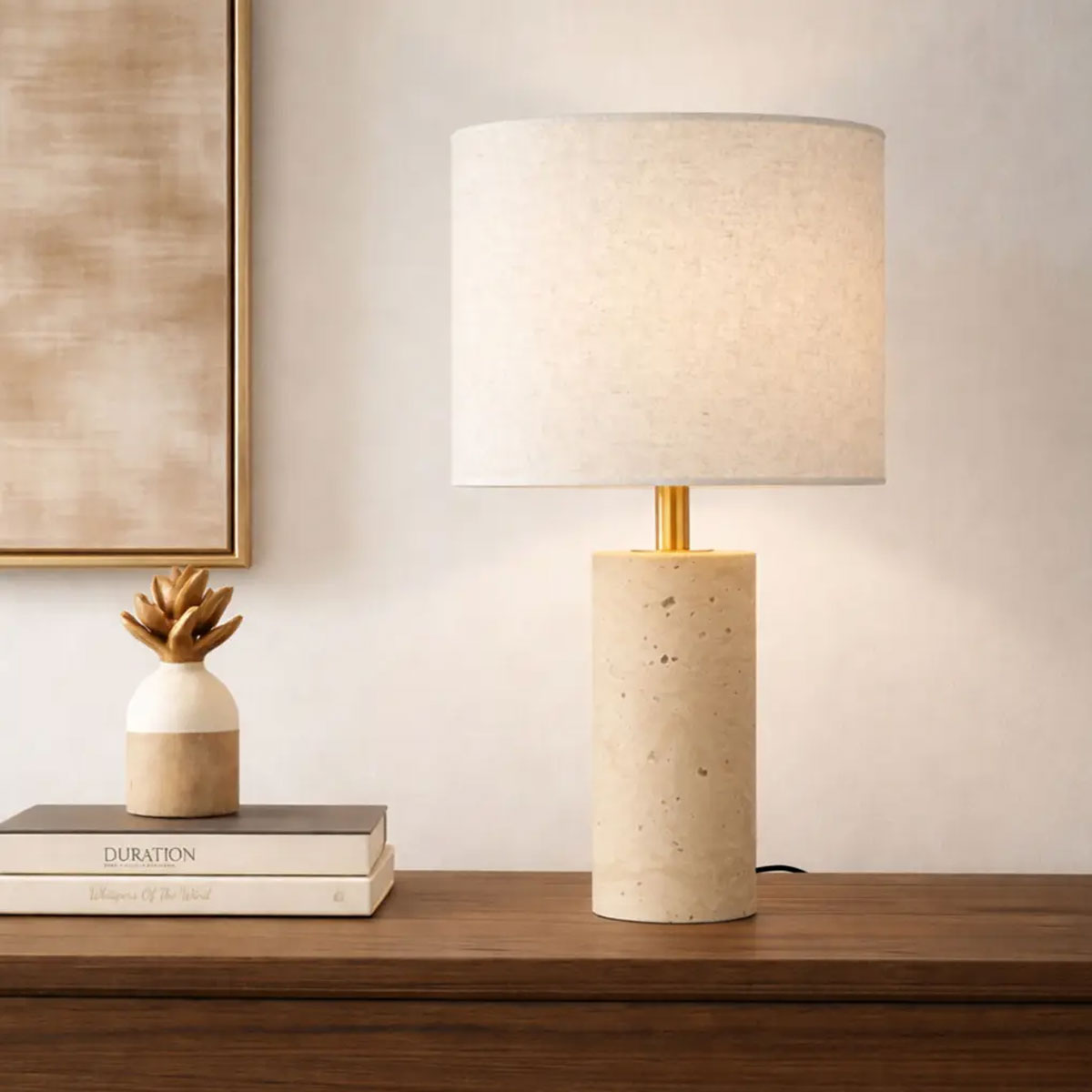 Polano Travertine Table Lamp with Fabric Shade