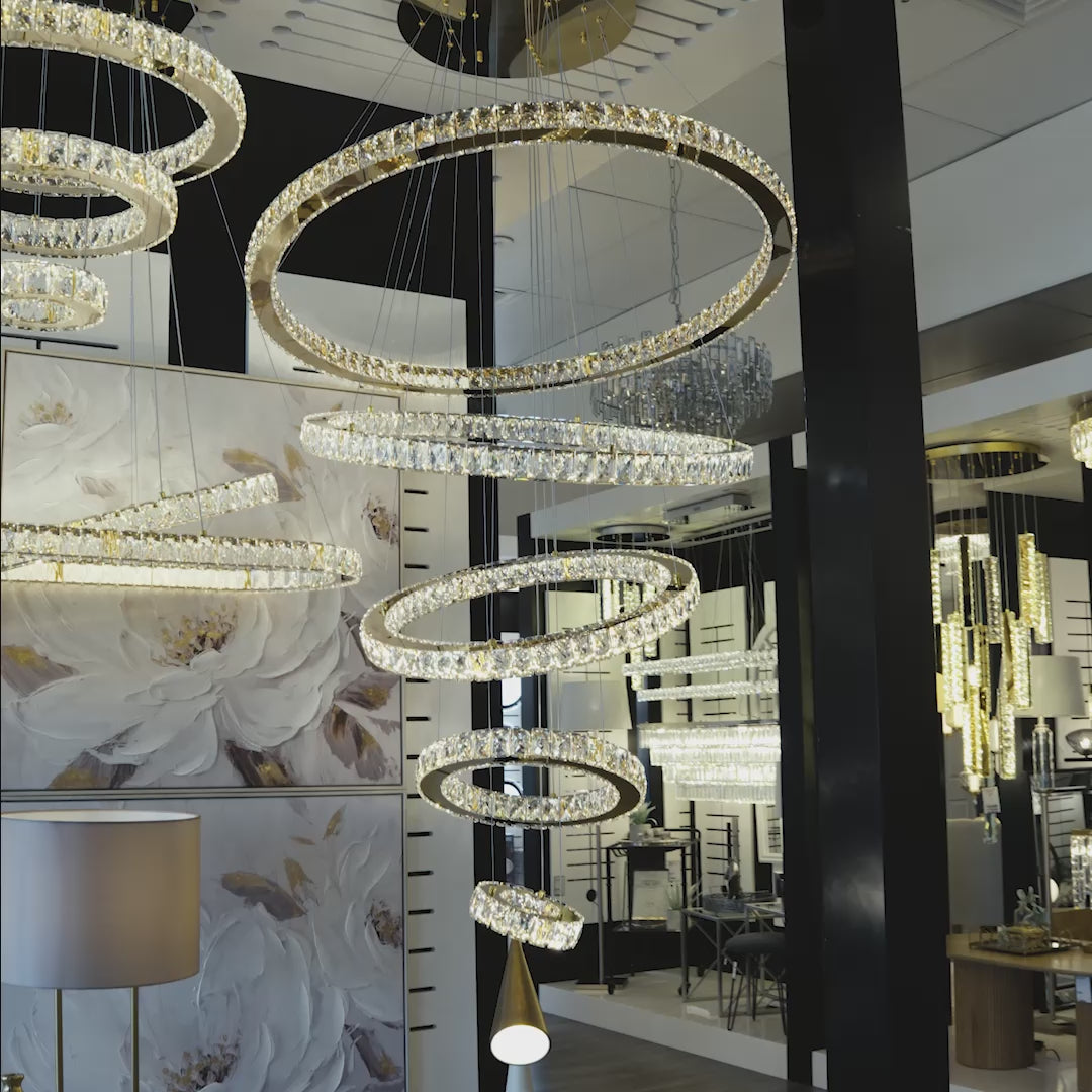 Load video: Jazmina Crystal 5 Ring LED Pendant Light - 1200mm