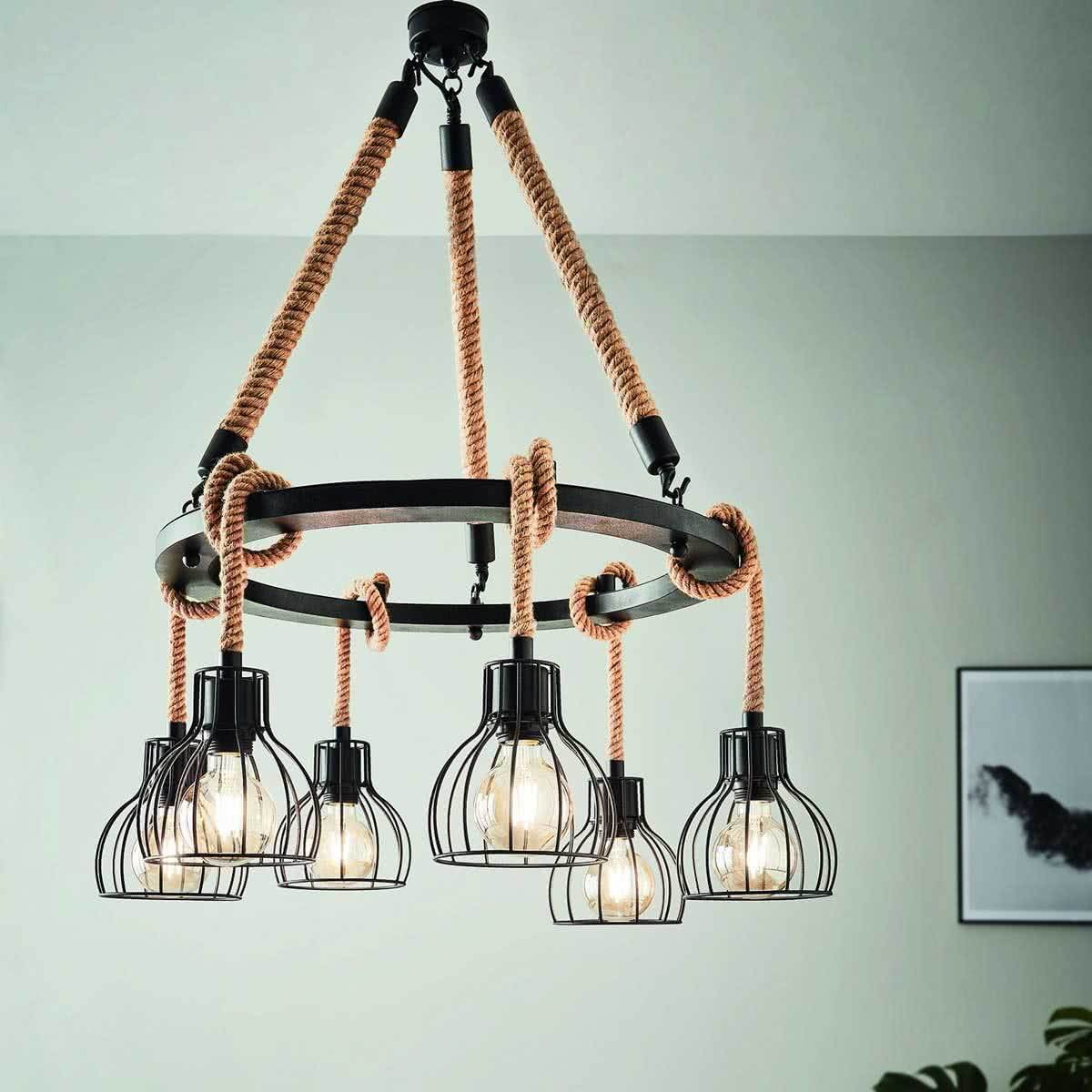 Rampside 6 Light Pendant Cluster with Unique Rope Design