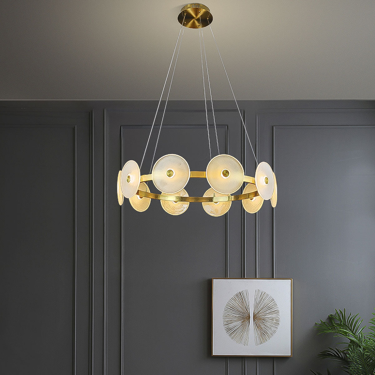 Sokyo 10 Glass LED Disks with Ring Pendant Light - Hand Blown - Gold/Frost