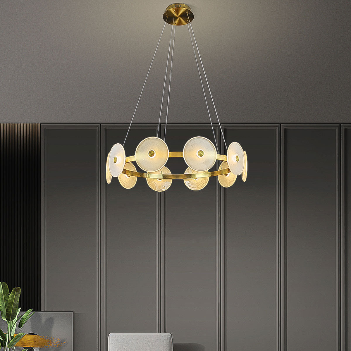 Sokyo 10 Glass LED Disks with Ring Pendant Light - Hand Blown - Gold/Frost