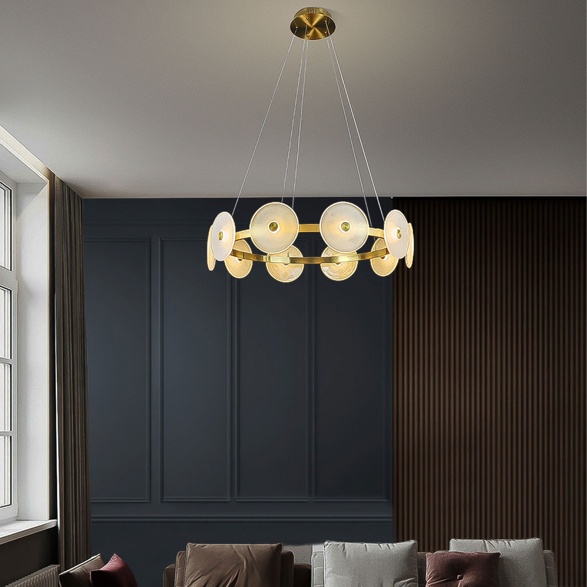 Sokyo 10 Glass LED Disks with Ring Pendant Light - Hand Blown - Gold/Frost