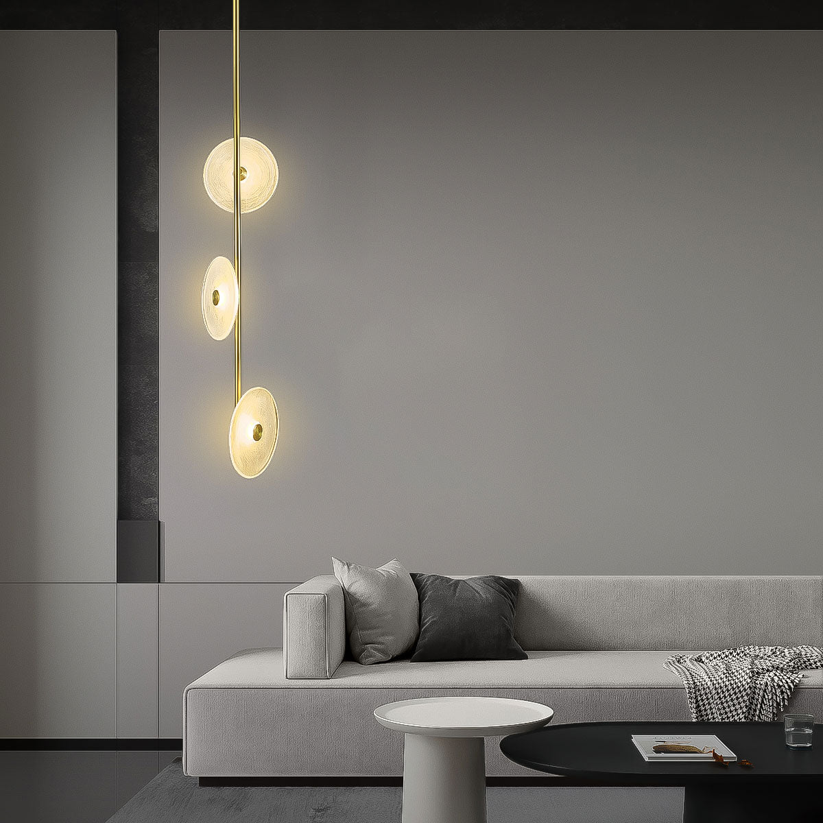 Sokyo 3 LED Glass Disk Pendant Light Fixture 800mm - Gold/Frost